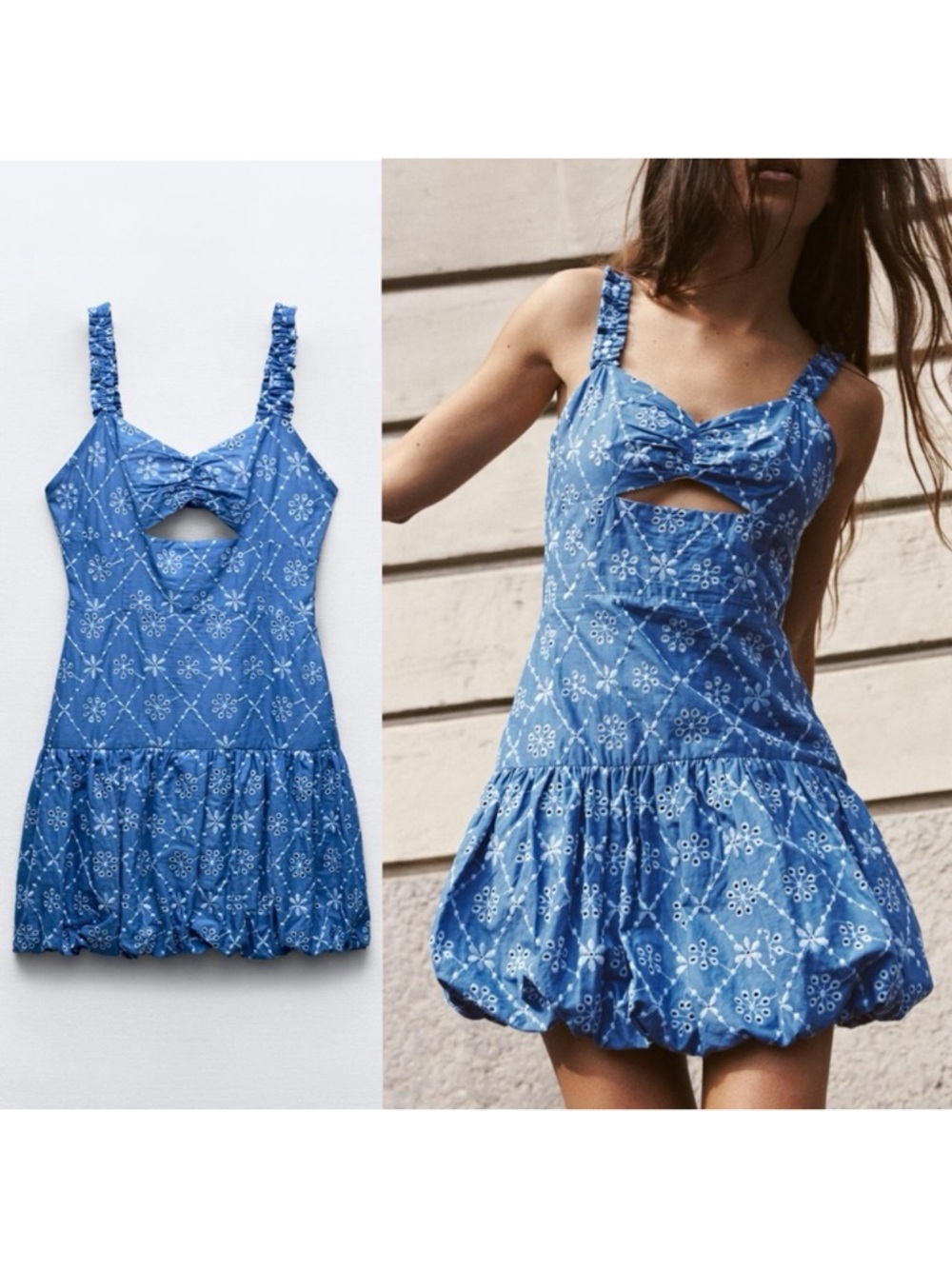 ZARA OPENWORK EMBROIDERED MINI DRESS S 3311/665 BUBBLE HEM DROP WAIST BLUE